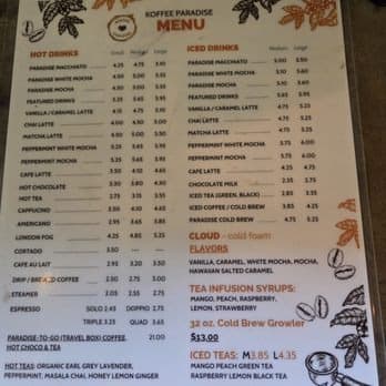 Koffee Paradise menu board with hot drinks, iced drinks and prices by size